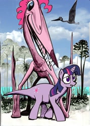 Size: 1788x2512 | Tagged: safe, artist:sue dunn emm, derpibooru import, pinkie pie, twilight sparkle, dinosaur, pterosaur, quetzalcoatlus, sauropod, beach, cloud, cloudy, comic, cretaceous, dinosaurified, fedora, hat, nightmare fuel, not salmon, paleontology, pine tree, sand, species swap, tree, wat