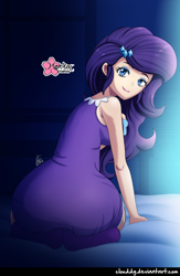 Size: 2215x3406 | Tagged: safe, artist:clouddg, rarity, equestria girls, ass, bed, bedroom, butt, clothes, female, human coloration, looking at you, looking back, looking back at you, nightgown, rearity, signature, slippers, smiling, solo