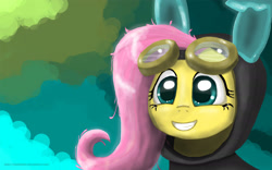 Size: 1920x1200 | Tagged: safe, artist:slightmist, fluttershy, pegasus, pony, bunny ears, clothes, costume, cute, dangerous mission outfit, female, goggles, hoodie, looking at you, mare, smiling, solo