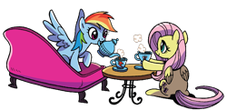 Size: 1120x540 | Tagged: safe, artist:brendahickey, derpibooru import, edit, idw, fluttershy, rainbow dash, pegasus, pony, spoiler:comic, spoiler:comicspiritoftheforest02, background removed, cropped, cup, cute, duo, female, food, mouth hold, simple background, sofa, table, tea, teapot, transparent background