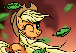 Size: 1754x1240 | Tagged: safe, artist:rambopvp, applejack, earth pony, pony, alternate hairstyle, leaves, loose hair, solo, windswept mane, wink