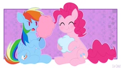 Size: 1150x650 | Tagged: safe, artist:ch-chau, derpibooru import, pinkie pie, rainbow dash, earth pony, pegasus, pony, :t, abstract background, cotton candy, cute, dashabetes, diapinkes, duo, eating, eyes closed, female, mare, open mouth, sitting