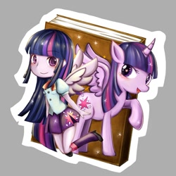 Size: 591x591 | Tagged: safe, artist:luke3411, derpibooru import, twilight sparkle, twilight sparkle (alicorn), alicorn, pony, equestria girls, blushing, book, bowtie, clothes, cute, female, human ponidox, looking at you, mare, open mouth, pleated skirt, ponied up, shirt, shoes, skirt, smiling, socks