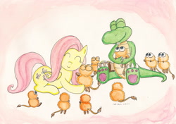 Size: 2227x1572 | Tagged: safe, artist:souleatersaku90, fluttershy, pegasus, pony, croc, crossover, gobbos, traditional art, watercolor painting