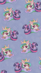 Size: 1080x1920 | Tagged: safe, artist:phyllismi, princess celestia, twilight sparkle, alicorn, pony, female, lesbian, shipping, tiled background, twilestia, wallpaper