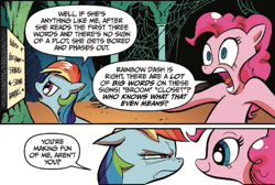 Size: 775x522 | Tagged: safe, artist:andypriceart, derpibooru import, idw, pinkie pie, rainbow dash, earth pony, pegasus, pony, reflections, spoiler:comic, spoiler:comic19, comic, cropped, duo, female, mare, narrowed eyes, official comic, smiling, speech bubble