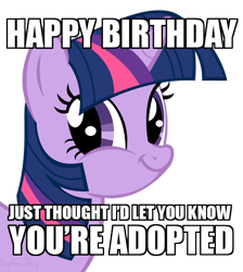 Size: 500x557 | Tagged: safe, derpibooru import, twilight sparkle, exploitable meme, happy birthday, meme, scumbag steve, scumbag twilight, solo, that changes everything, truth, twiface, you're adopted