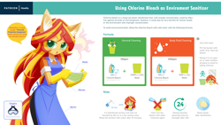 Size: 2560x1440 | Tagged: safe, artist:howxu, sunset shimmer, anthro, apron, bleach, chlorine, clothes, coronavirus, covid-19, cutie mark, face mask, female, gloves, instructions, rubber gloves, solo, speech bubble