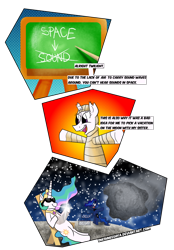 Size: 928x1333 | Tagged: safe, artist:sneshneeorfa, princess celestia, princess luna, alicorn, pony, asteroid, bandage, broken horn, comic, funny, moon, moonbathing, simple background, space, sunglasses, transparent background