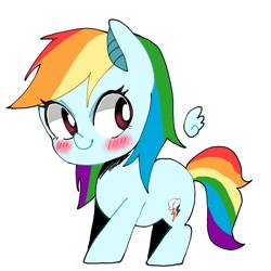 Size: 768x768 | Tagged: safe, artist:destroyer_aky, derpibooru import, rainbow dash, pegasus, pony, blushing, chibi, cute, dashabetes, female, floating wings, mare, simple background, smiling, solo, white background, wings