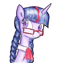 Size: 600x600 | Tagged: safe, artist:unousaya, derpibooru import, twilight sparkle, braid, glasses, simple background, solo, traditional art, twin braids