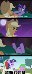 Size: 550x1289 | Tagged: safe, anonymous artist, edit, edited screencap, screencap, applejack, spike, twilight sparkle, dragon, earth pony, pony, friendship is magic, abuse, cliff, screencap comic, twilybuse