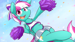 Size: 1920x1080 | Tagged: safe, artist:dshou, derpibooru import, spring step, sunlight spring, pegasus, pony, belly button, bipedal, bow, cheerleader, chest fluff, confetti, hair bow, looking at you, midriff, pom pom, smiling, solo, wallpaper