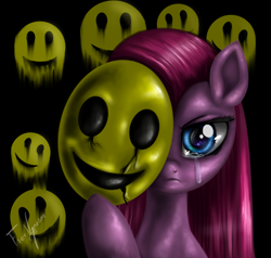 Size: 1000x950 | Tagged: safe, artist:vanezaescobedo, pinkie pie, earth pony, pony, crying, mask, pinkamena diane pie, smiley face, solo