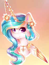 Size: 570x766 | Tagged: safe, artist:nutellaakanutella, princess celestia, alicorn, pony, colored wings, colored wingtips, ear piercing, earring, female, gradient background, horn jewelry, jewelry, mare, piercing, regalia, solo, starry eyes, wingding eyes