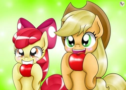 Size: 1024x730 | Tagged: safe, artist:lielie, apple bloom, applejack, earth pony, pony, adorabloom, apple, applebetes, cowboy hat, cute, duo, eating, female, food, hair ribbon, hat, jackabetes, mare, pixiv, sisters, that pony sure does love apples