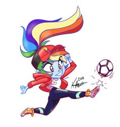 Size: 953x1003 | Tagged: safe, artist:katrina hadley, artist:lunchie, derpibooru import, rainbow dash, eqg summertime shorts, equestria girls, ball, converse, kicking, official fan art, ponytail, shoes, sports