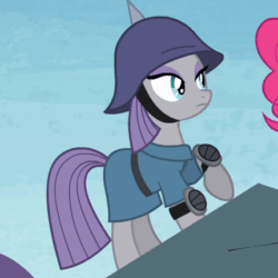 Size: 431x431 | Tagged: safe, screencap, maud pie, pinkie pie, earth pony, pony, maud pie (episode), animated, blinking, hat, perfect loop, pickelhaube, solo focus