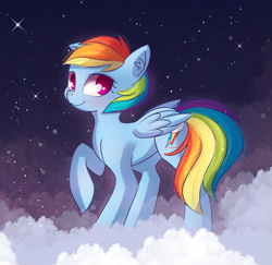 Size: 1941x1888 | Tagged: safe, artist:autumnvoyage, derpibooru import, rainbow dash, pegasus, pony, backwards cutie mark, cloud, female, looking at you, mare, night, on a cloud, one hoof raised, smiling, solo, starry night, stars