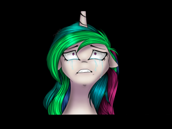 Size: 2048x1536 | Tagged: safe, artist:0bsydia, princess celestia, alicorn, pony, black background, bust, crying, female, floppy ears, heartbreak, lullaby for a princess, mare, portrait, sad, shrunken pupils, simple background, solo