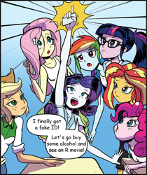 Size: 860x1024 | Tagged: safe, artist:pencils, edit, idw, applejack, fluttershy, pinkie pie, rainbow dash, rarity, sci-twi, sunset shimmer, twilight sparkle, equestria girls, spoiler:comic, spoiler:comicequestriagirlsmarchradness, dialogue edit, humane five, humane seven, humane six