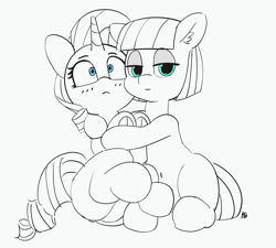 Size: 1280x1153 | Tagged: safe, artist:pabbley, maud pie, rarity, earth pony, pony, unicorn, 30 minute art challenge, female, hug, lesbian, looking at you, mare, partial color, rarimaud, shipping