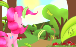 Size: 1680x1050 | Tagged: safe, artist:catopia26, pinkie pie, earth pony, pony, leaves, mushroom, road, solo, tree