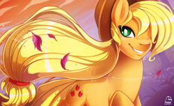 Size: 1500x909 | Tagged: safe, artist:chocokangoo, part of a set, applejack, earth pony, pony, female, hair over one eye, mare, smiling, solo