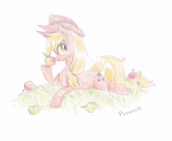 Size: 1024x838 | Tagged: safe, artist:pixernosse, applejack, earth pony, pony, apple, solo, traditional art