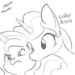 Size: 1650x1650 | Tagged: safe, artist:tjpones, princess celestia, princess luna, alicorn, pony, cute, cutelestia, descriptive noise, duo, female, filly, kiss on the cheek, kissing, luna is not amused, lunabetes, monochrome, mwah, nose wrinkle, royal sisters, scrunchy face, siblings, sisterly love, sisters, sketch, tjpones is trying to murder us, woona, younger
