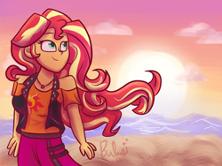 Size: 2000x1500 | Tagged: safe, artist:bubbly-storm, sunset shimmer, better together, equestria girls, beach, clothes, cloud, cutie mark, cutie mark on clothes, female, geode of empathy, magical geodes, signature, skirt, smiling, solo, sun, sunset, vest