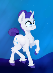 Size: 2626x3593 | Tagged: safe, artist:paskanaakka, derpibooru exclusive, rarity, pony, unicorn, alternate timeline, chest fluff, colored hooves, ear fluff, eyeshadow, female, hair bun, leg fluff, makeup, mare, night, night maid rarity, nightmare takeover timeline, raised hoof, smiling, solo, stars, tail bun, tail wrap, unshorn fetlocks