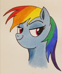 Size: 1709x2048 | Tagged: safe, artist:polar_storm, derpibooru import, rainbow dash, pegasus, pony, bust, colored sketch, faic, female, mare, markers, simple background, smug, smugdash, solo, traditional art, white background