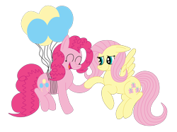 Size: 2592x1936 | Tagged: safe, artist:squipycheetah, fluttershy, pinkie pie, earth pony, pegasus, pony, balloon, cute, diapinkes, eyes closed, female, floating, floppy ears, flutterpie, flying, happy, holding hooves, lesbian, open mouth, shipping, shyabetes, simple background, smiling, spread wings, string, strings, then watch her balloons lift her up to the sky, transparent background, vector