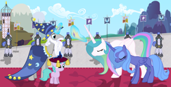 Size: 4000x2040 | Tagged: artist needed, source needed, safe, princess celestia, princess luna, star swirl the bearded, alicorn, pegasus, pony, alternate hairstyle, armor, blank flank, bowing, canterlot, carpet, cloud, commander hurricane guard, coronation, crown, crown pillow, earth pony flag, female, filly, flag, jewelry, mountain, pegasus flag, pegasus royal guard, pillow, regalia, royal guard, s1 luna, scaffolding, scenery, tower, unicorn flag, younger