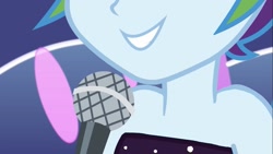 Size: 1465x828 | Tagged: safe, derpibooru import, edit, edited screencap, screencap, rainbow dash, better together, equestria girls, spring breakdown, all good (song), bare shoulders, close-up, microphone, smiling, solo