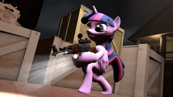 Size: 1240x698 | Tagged: safe, artist:epickitty54, derpibooru import, twilight sparkle, twilight sparkle (alicorn), alicorn, pony, 3d, ak, ak-47, assault rifle, badass, epic, female, gun, mare, poster, rifle, solo, source filmmaker, weapon