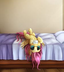 Size: 2550x2850 | Tagged: safe, artist:pridark, fluttershy, pegasus, pony, bed, bedroom, behaving like a dog, bellyrub request, bellyrubs, big eyes, bronybait, cute, daaaaaaaaaaaw, female, filly, hnnng, holding sign, mare, messy mane, mouth hold, pridark is trying to murder us, question, shyabetes, solo, upside down, weapons-grade cute