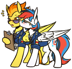 Size: 769x732 | Tagged: safe, artist:ak4neh, derpibooru import, spitfire, oc, oc:retro city, pegasus, pony, blushing, canon x oc, clothes, commission, couple, female, lesbian, mare, retrofire, shipping, simple background, sunglasses, transparent background, uniform, whistle, wonderbolts dress uniform