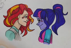 Size: 1280x867 | Tagged: safe, sci-twi, sunset shimmer, twilight sparkle, equestria girls, blushing, clothes, female, lesbian, scitwishimmer, shipping, sunsetsparkle, traditional art