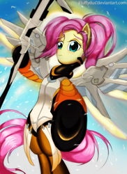 Size: 1636x2248 | Tagged: safe, artist:fluffydus, fluttershy, pegasus, pony, armor, crossover, lending a hoof, mercy, mercyshy, overwatch, solo