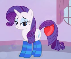 Size: 979x816 | Tagged: safe, artist:tabrony23, rarity, pony, unicorn, clothes, heart, holiday, lidded eyes, prehensile tail, socks, striped socks, tail hold, valentine's day