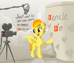 Size: 4096x3472 | Tagged: safe, artist:dimfann, artist:wenni, derpibooru import, spitfire, pegasus, pony, collaboration, bin, bionicle, boom mic, camera, dialogue, female, lego, mare, microphone, solo, spitfire's bionicles, wing hands, wingers, 🅱