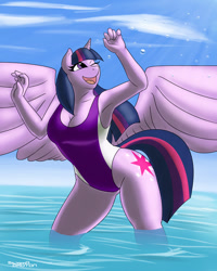 Size: 800x1000 | Tagged: safe, artist:stigma-photon, derpibooru import, twilight sparkle, twilight sparkle (alicorn), alicorn, anthro, armpits, breasts, cleavage, clothes, female, headlight sparkle, high-cut clothing, one-piece swimsuit, solo, sports swimsuit, swimsuit