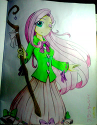 Size: 1371x1766 | Tagged: safe, artist:fantasygerard2000, fluttershy, equestria girls, cute, shyabetes, solo, staff, touhou, traditional art, urban legend