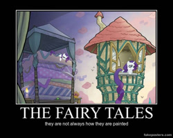 Size: 600x480 | Tagged: safe, rarity, pony, unicorn, bed, demotivational poster, fairy tale, long tail, meme, poster, rapunzel, raripunzel, text, the princess and the pea, tower