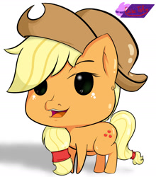 Size: 1933x2200 | Tagged: safe, artist:chibiteff, applejack, earth pony, pony, chibi, cute, open mouth, ponyville, smiling, solo