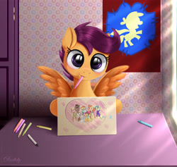 Size: 5267x4995 | Tagged: safe, artist:darksly, derpibooru import, apple bloom, aunt holiday, auntie lofty, mane allgood, rainbow dash, scootaloo, snap shutter, sweetie belle, earth pony, pegasus, pony, unicorn, the last crusade, absurd resolution, big eyes, blushing, chair, crayon, crayon drawing, crayons, cute, cutealoo, cutie mark crusaders, dawwww, drawing, family, female, filly, heart, indoors, looking at you, male, mouth hold, poster, sitting, smiling, solo, spread wings, table, traditional art, weapons-grade cute, wings