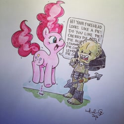 Size: 1080x1080 | Tagged: safe, artist:katiecandraw, pinkie pie, earth pony, pony, colored pencil drawing, crossover, duo, female, mare, predator (franchise), pronking, speech bubble, traditional art, yautja