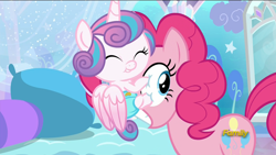 Size: 1920x1080 | Tagged: safe, screencap, pinkie pie, princess flurry heart, earth pony, pony, the crystalling, clinging, cloth diaper, diaper, discovery family logo, hug, princess facehugger, safety pin